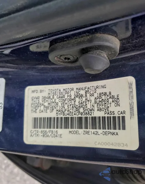 2012 Toyota Corolla Base z USA, uszkodzony, nr VIN 5YFBU4EE4CP038821